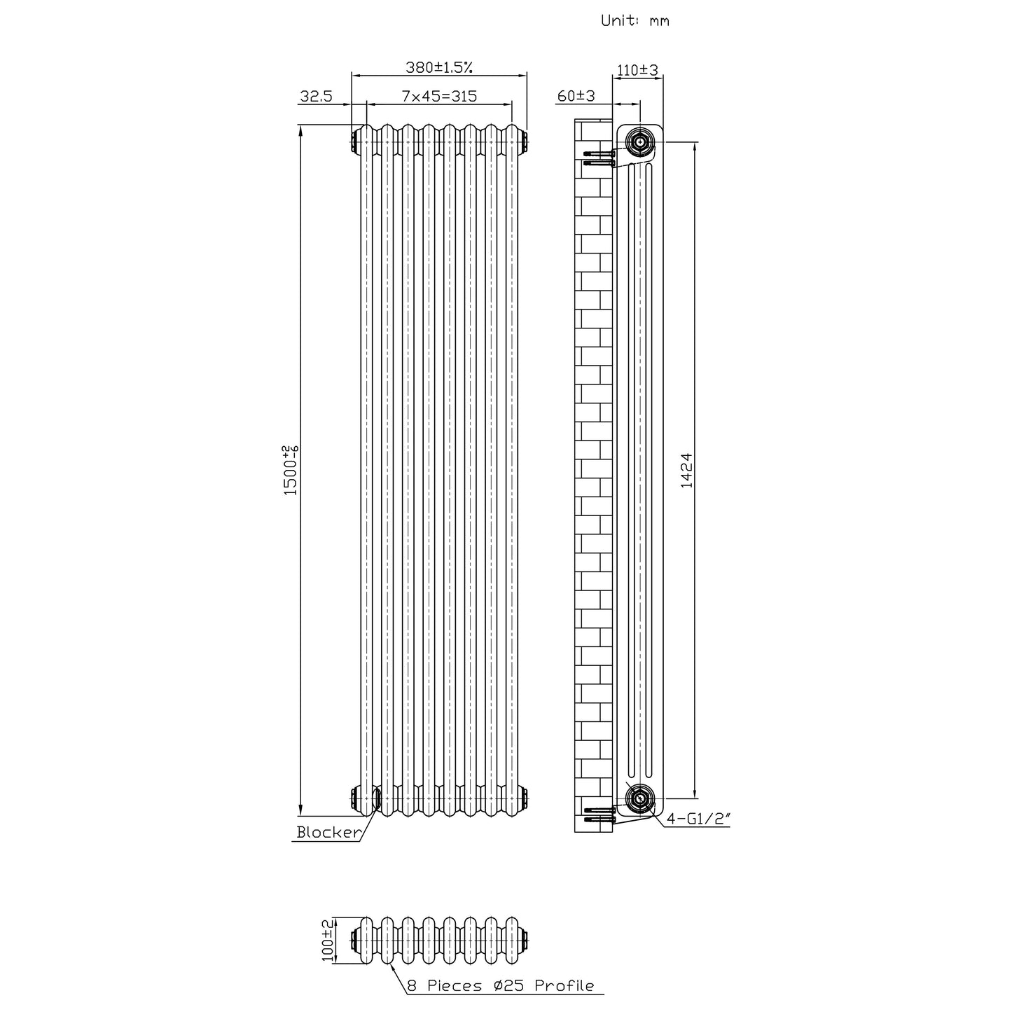 Traditional 3 Column Radiator & Valves - 1500mm x 380mm - Raw Metal