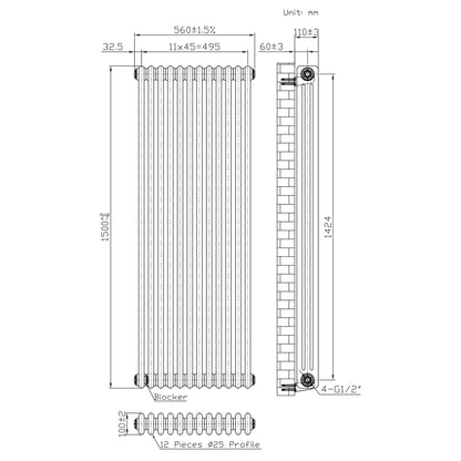 Traditional 3 Column Radiator & Valves – 1500mm x 560mm - Raw Metal
