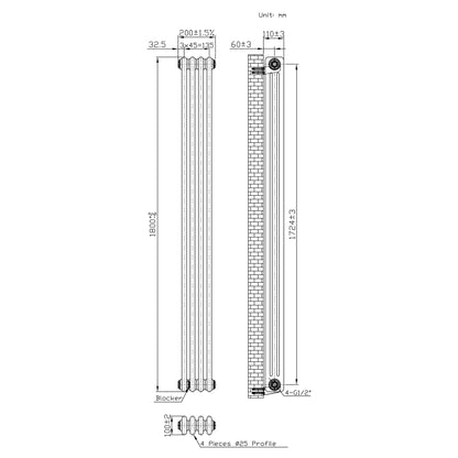Traditional 3 Column Radiator & Valves – 1800mm x 200mm - Raw Metal