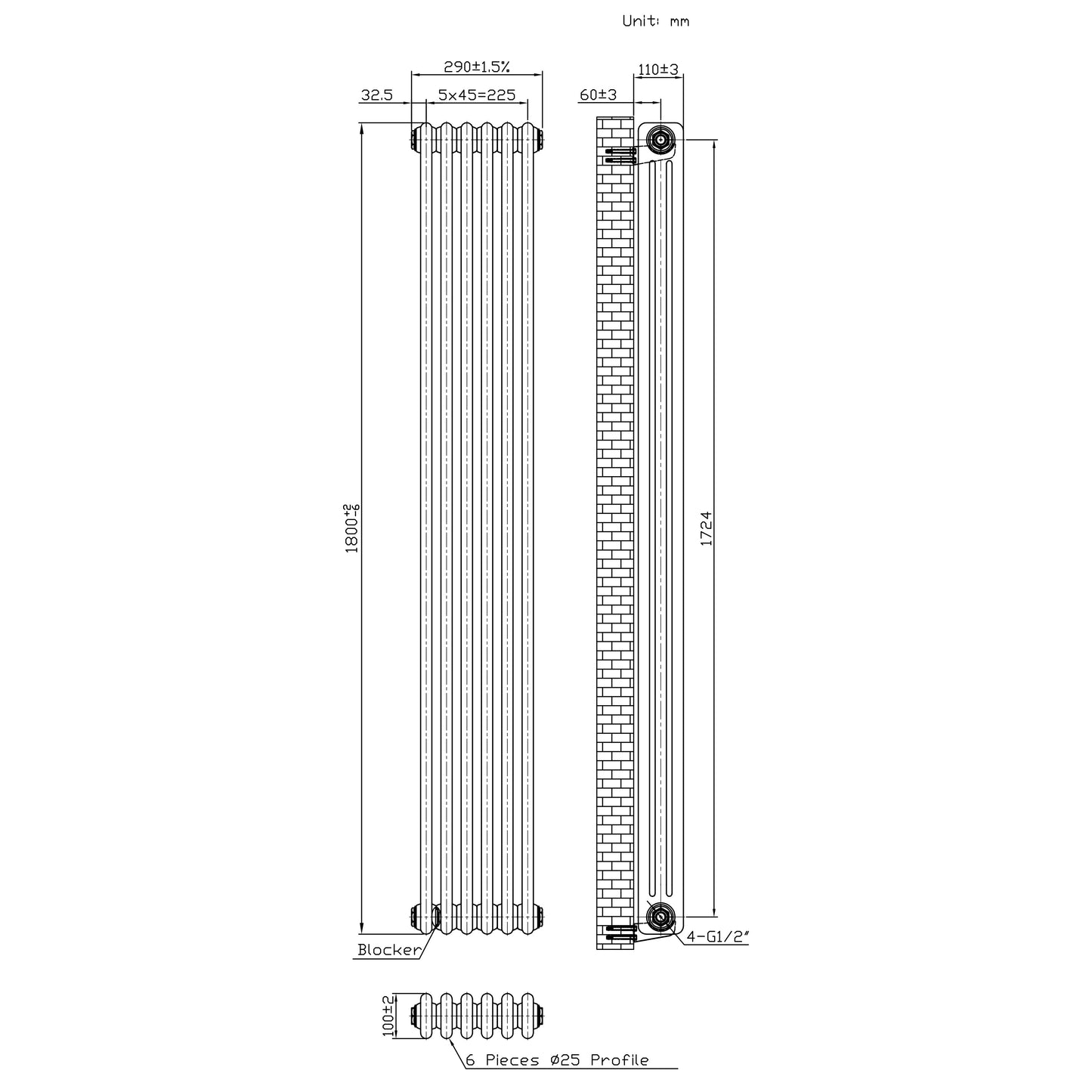 Traditional 3 Column Radiator & Valves – 1800mm x 290mm - Raw Metal