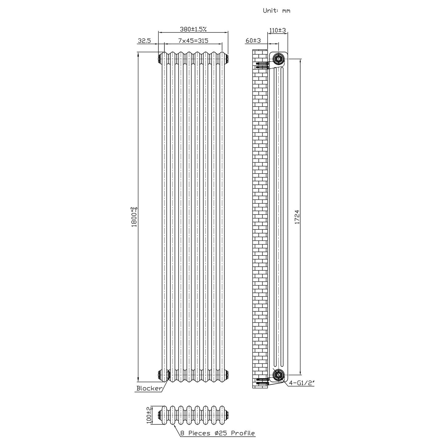 Traditional 3 Column Radiator & Valves – 1800mm x 380mm - Raw Metal