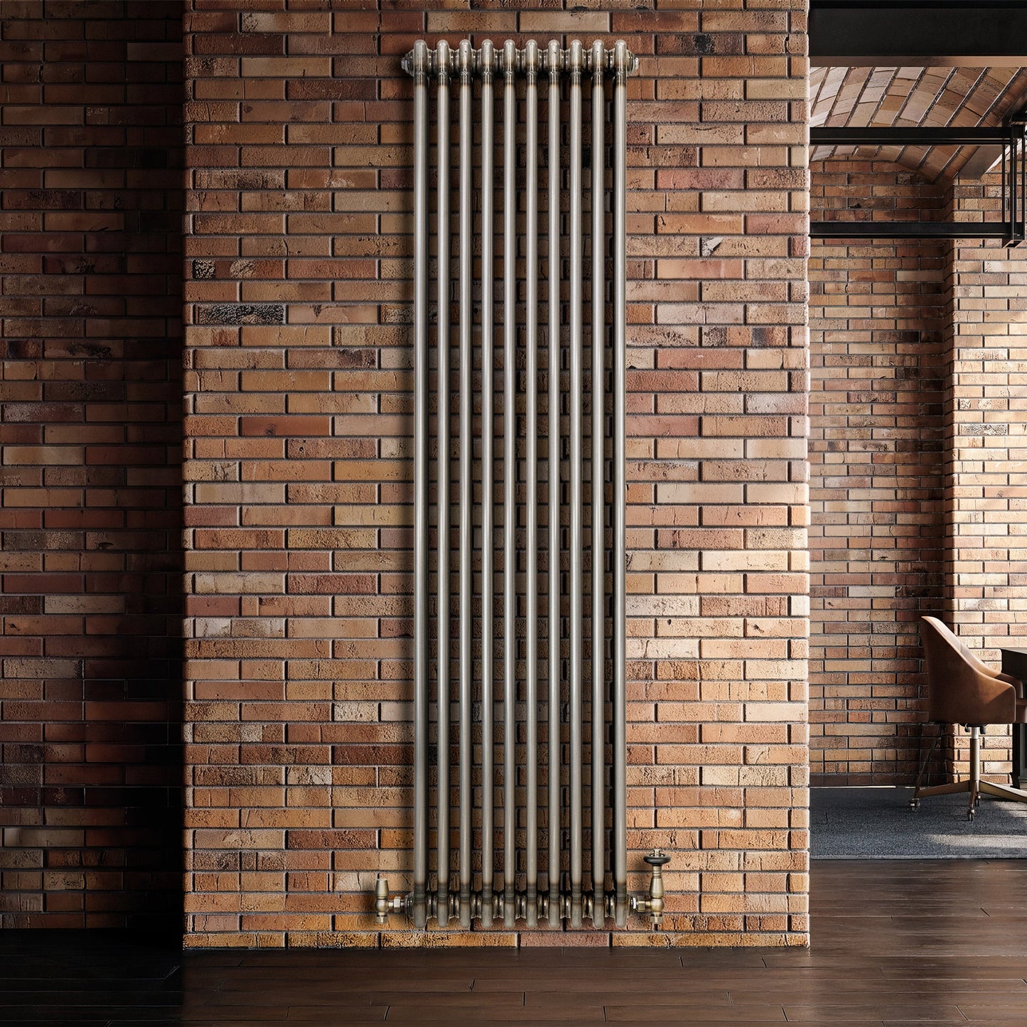 Traditional 3 Column Radiator & Valves - 1800 x 470mm - Raw Metal