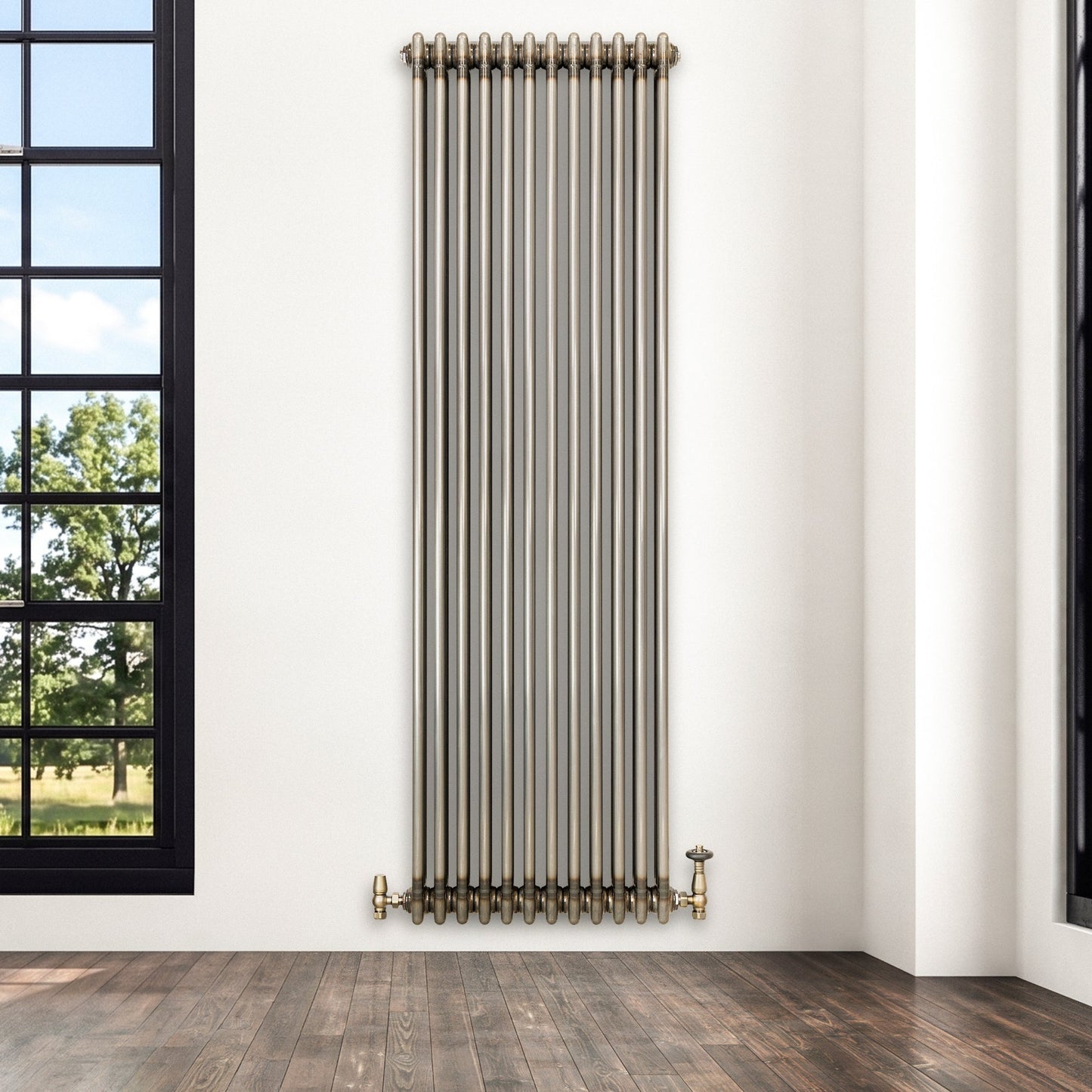 Traditional 3 Column Radiator & Valves - 1800 x 560mm - Raw Metal