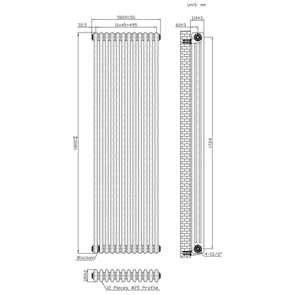Traditional 3 Column Radiator & Valves - 1800 x 560mm - Raw Metal