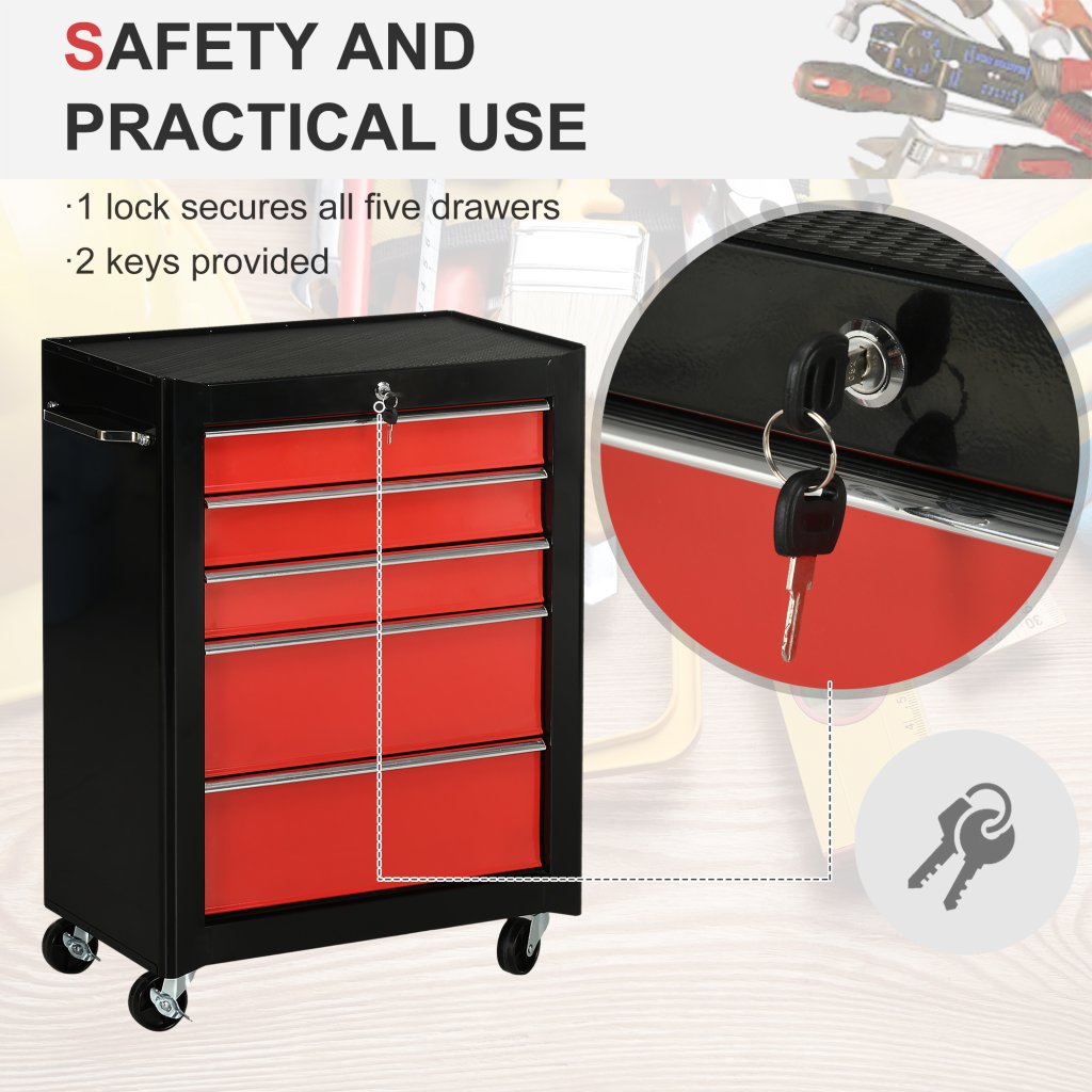 5-Drawer Lockable Tool Storage Trolley – Red