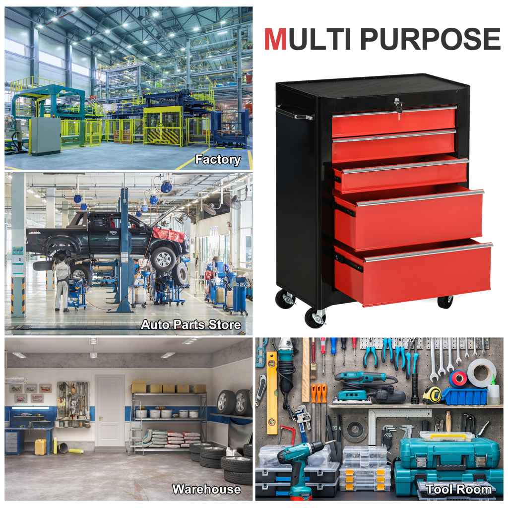 5-Drawer Lockable Tool Storage Trolley – Red