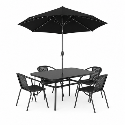 Garden Table & Rattan Chairs & Black 2.7m LED Parasol Bundle