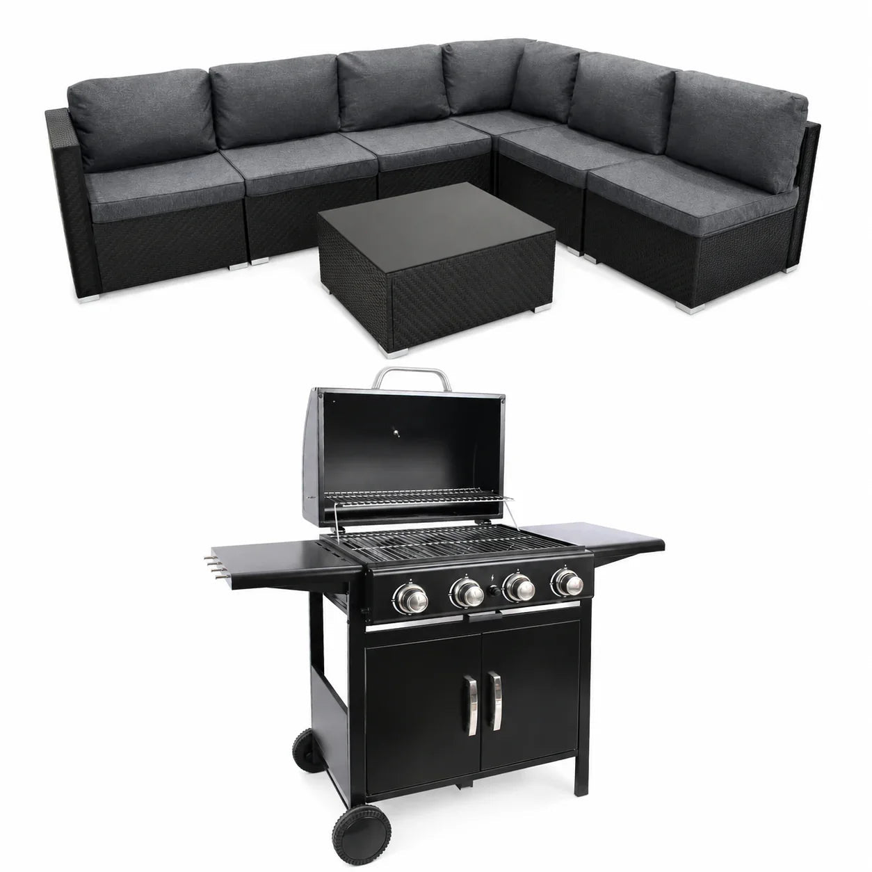 Black Rattan Corner Sofa Set & 4-Burner Gas BBQ Grill Bundle