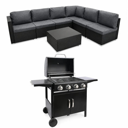 Black Rattan Corner Sofa Set & 4-Burner Gas BBQ Grill Bundle