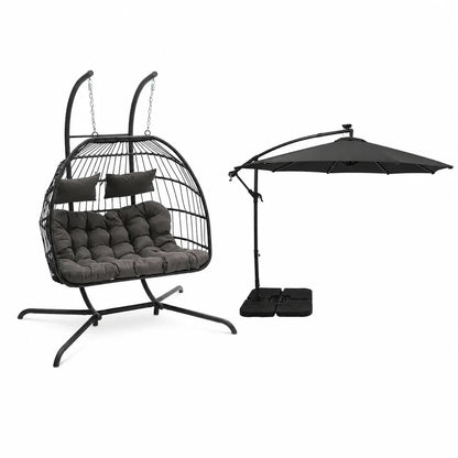 Hanging 2-Seater Egg Chair & Grey 3m LED Cantilever Parasol Bundle