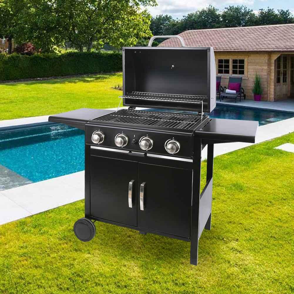 Black Rattan Corner Sofa Set & 4-Burner Gas BBQ Grill Bundle