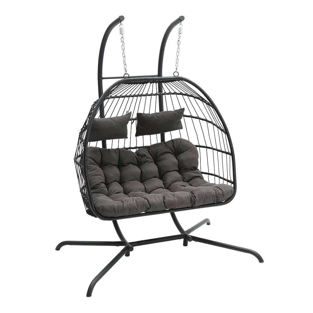 Hanging 2-Seater Egg Chair & Black 3m LED Cantilever Parasol Bundle