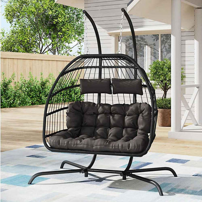 Hanging 2-Seater Egg Chair & Grey 3m LED Cantilever Parasol Bundle