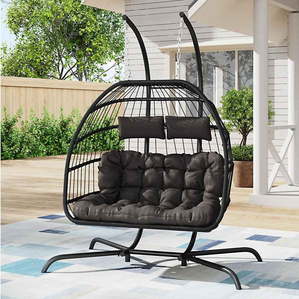 Hanging 2-Seater Egg Chair & Black 3m LED Cantilever Parasol Bundle