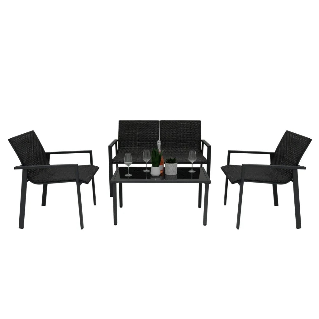 Black Rattan Patio Furniture Set & Portable Charcoal BBQ Grill Bundle