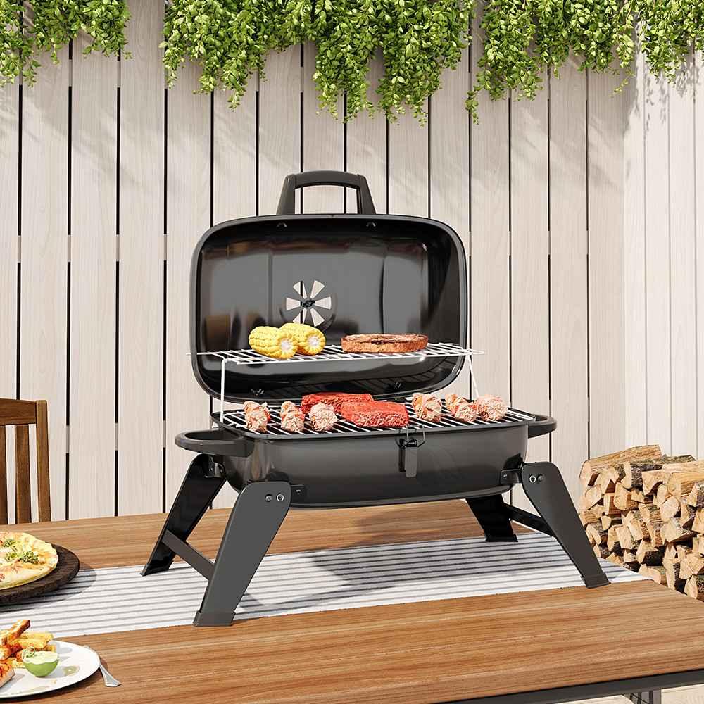 Black Rattan Patio Furniture Set & Portable Charcoal BBQ Grill Bundle
