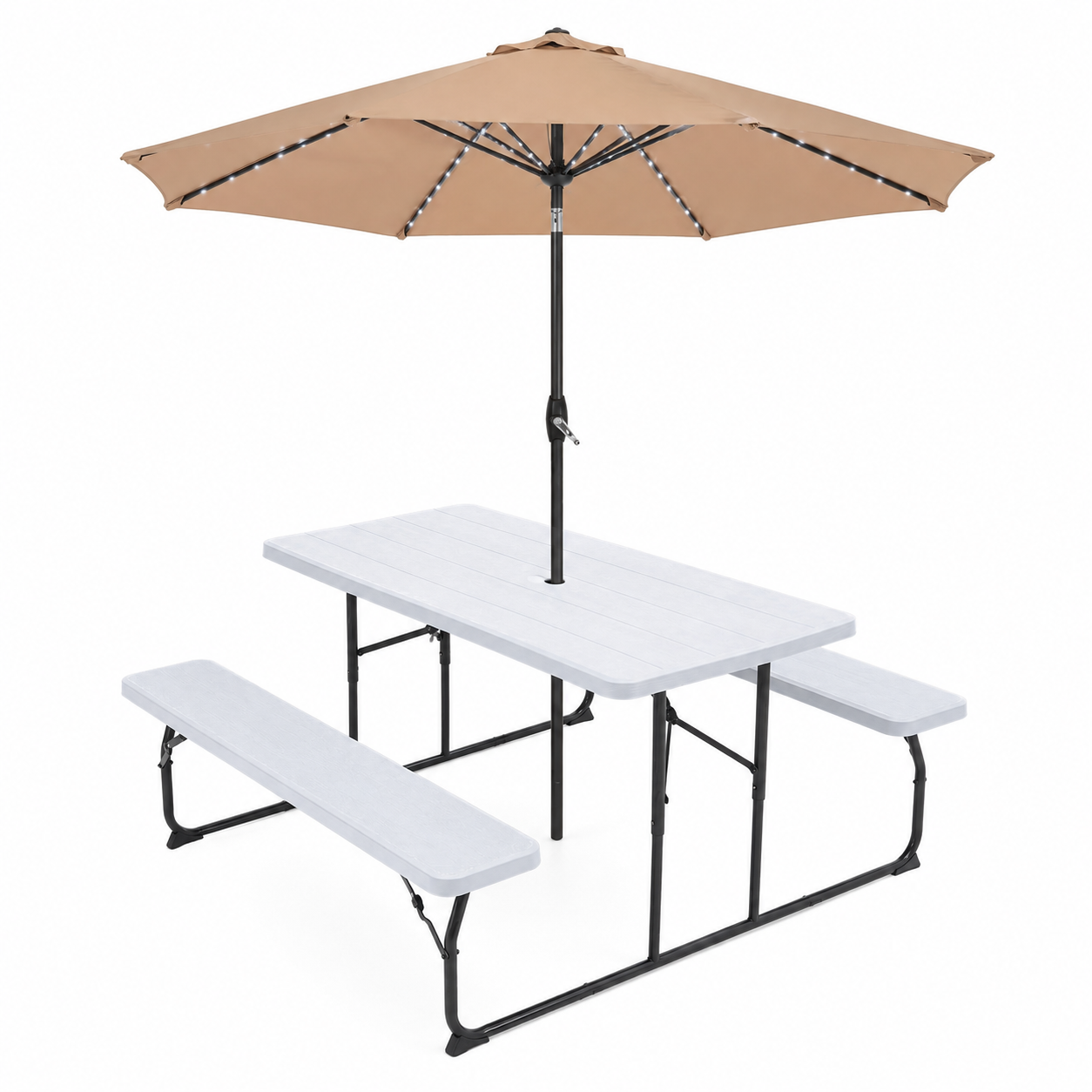 White Foldable Picnic Table & Beige 2.7m LED Parasol Bundle