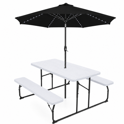 White Foldable Picnic Table & Black 2.7m LED Parasol Bundle