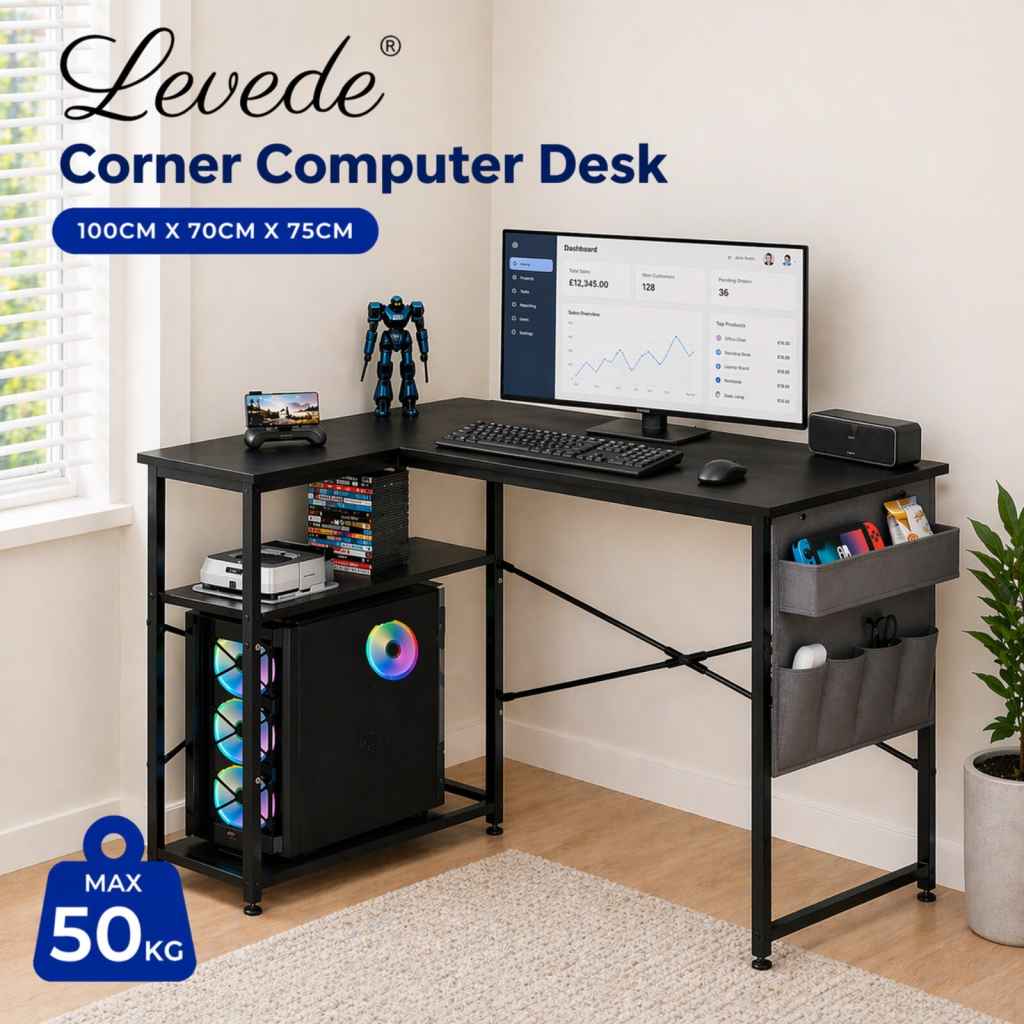 L-Shaped Gaming Desk – Black with Storage Bag