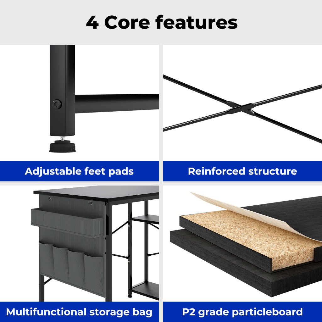 L-Shaped Gaming Desk – Black with Storage Bag