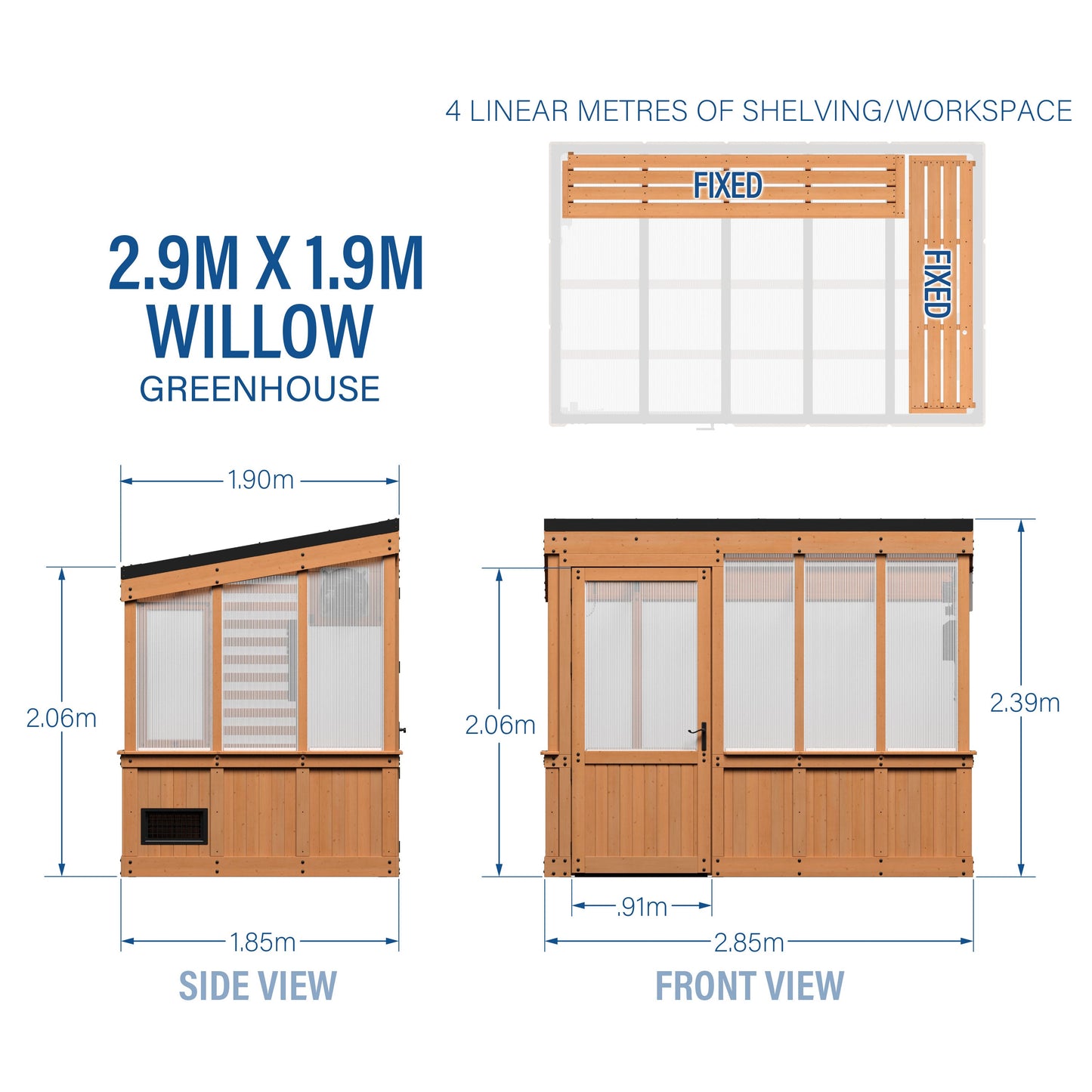 2.9m x 1.9m (9ft x 6ft) Willow Greenhouse